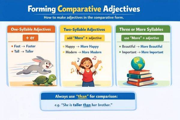 نمودار ساخت صفت تفضیلی انگلیسی برای صفات یک‌هجایی، دوهجایی و چندهجایی